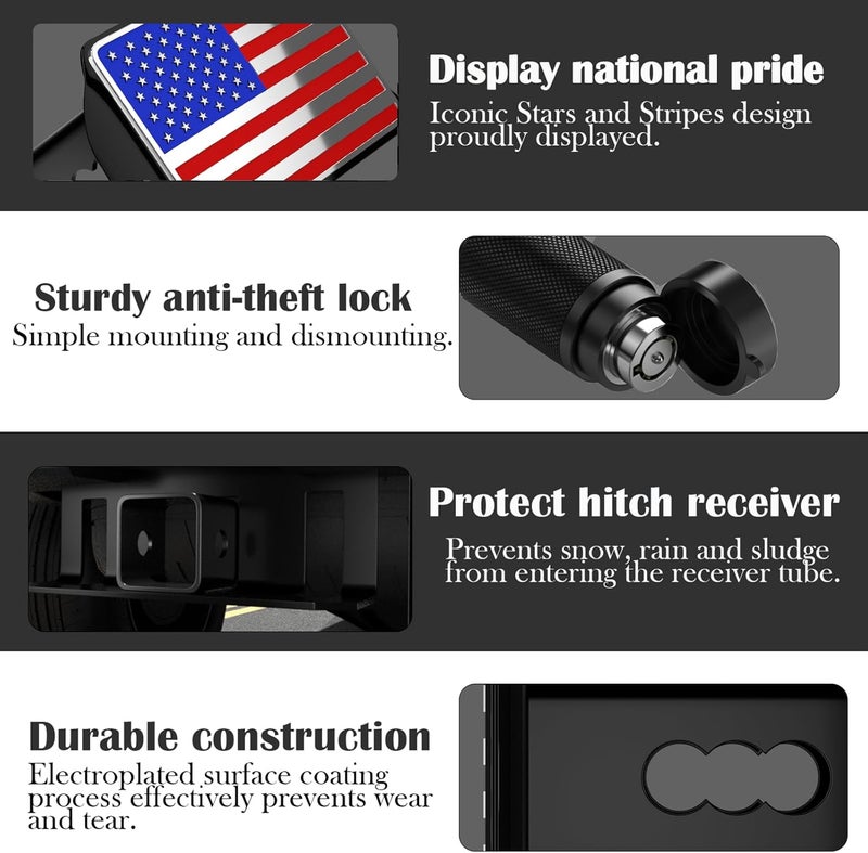 OGYE Heavy American Flag Metal Trailer Hitch Cover for 2 Inch Receivers (with 5/8-inch Pin Diameter Trailer Hitch Lock,Chrome&Blue&Red) - Image 3